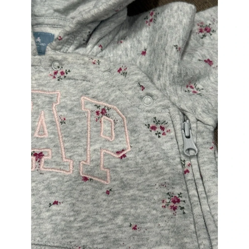 Gap Y2K One Piece Sweatsuit 18-24 Months Full Zip Pink‎ Floral Gray Spell Out